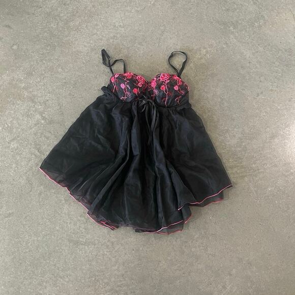 Women's Slip Lace Black Tulle Pink Red Dress Top Lingerie L flowy - Picture 1 of 4